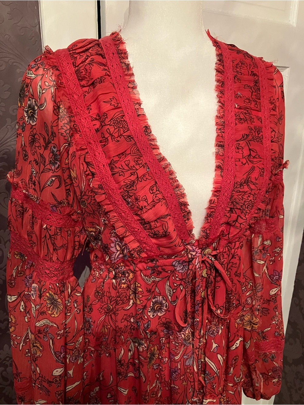 NWT Free People “Cassis” Boho Red Floral Tiered Maxi Dress with Tie Waist - Picture 4 of 14